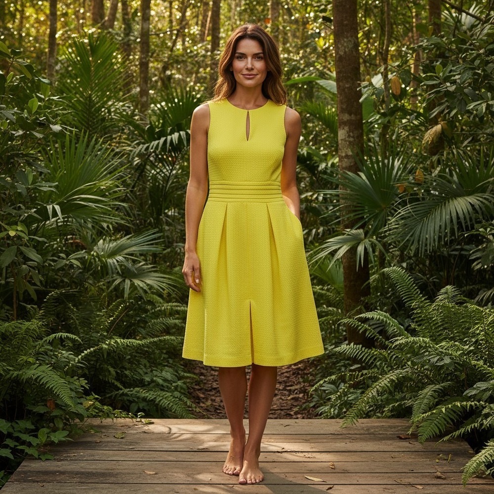 Lauren Ralph Lauren Pique Fit & Flare Dress  Womens 10 Yellow Pleated A-Line